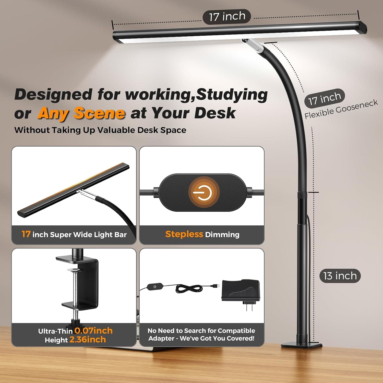 Airlonv black LED desk lamp with clamp and 17-inch light bar